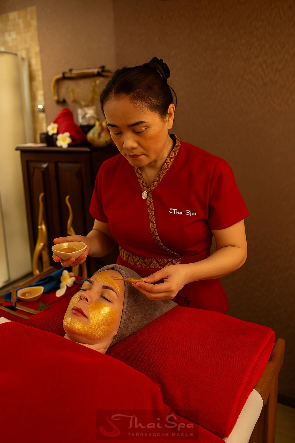 Потопете се в свят на разкош и усещане за кралско блаженство с "Ритуал: Злато и коприна" в Thai Spa. Този изискан ритуал съчетава силата на златото и коприната, които подхранват, регенерират и даряват кожата с несравнима мекота и сияние. Чрез прецизно подбрани процедури ще постигнете хармония между тялото и ума, като се насладите на дълбока релаксация и възстановяване.