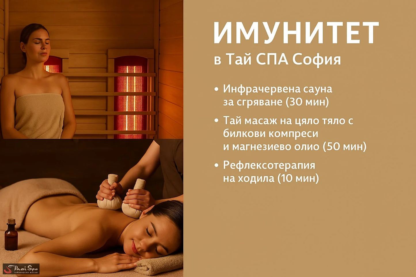 Укрепете тялото и духа си с нашия специален ритуал "Имунитет" в Тай СПА София!

Този уникален спа ритуал е създаден, за да подпомогне вашето здраве и благополучие, комбинирайки силата на билките, магнезия и инфрачервената сауна. Ритуалът включва: