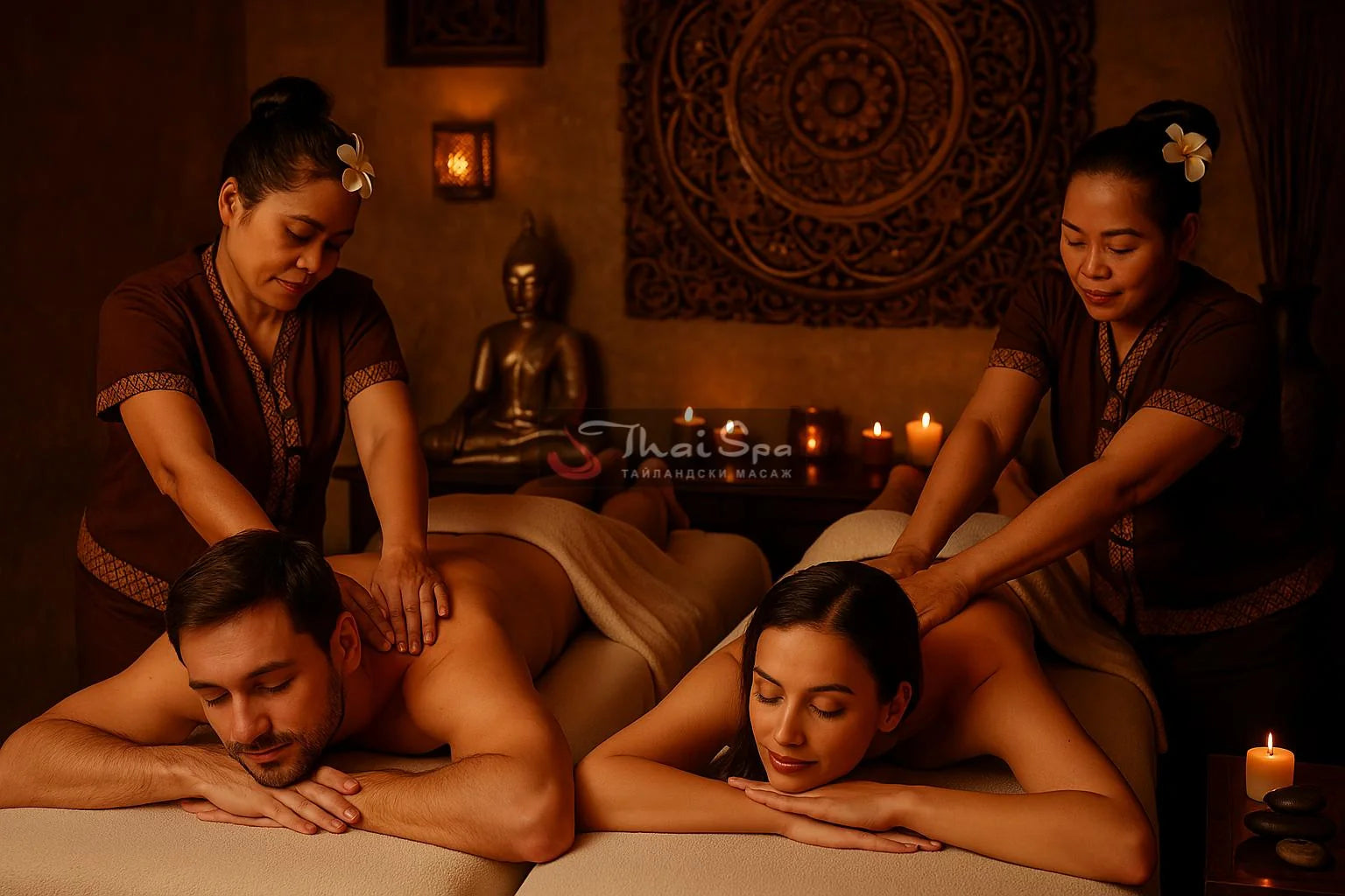 Couples spa treatment featuring two people receiving massages in a serene, candlelit setting with warm tones.