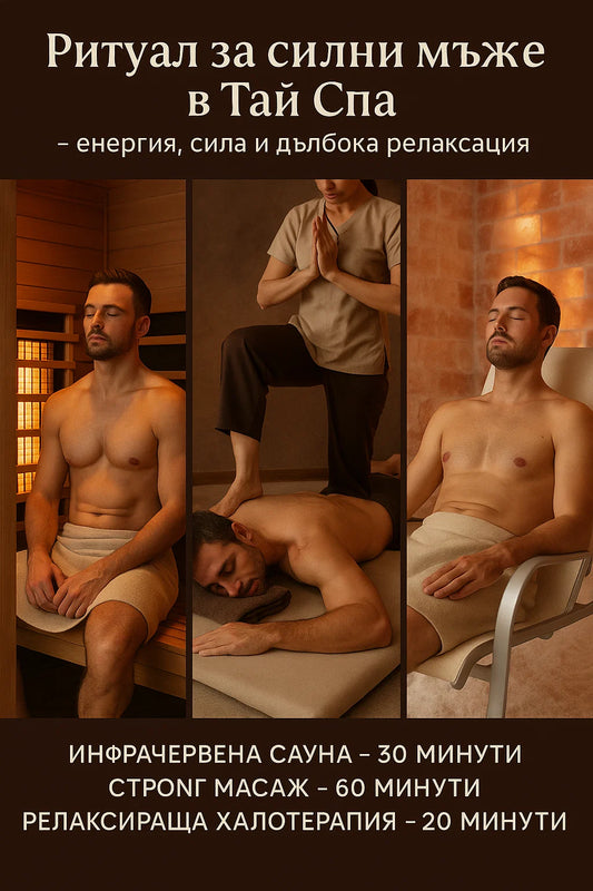 Мъж в инфрачервена сауна за ритуал за силни мъже, получаващ силов масаж с тигрово масло на проблемни зони и релаксираща в солна стая за халотерапия.