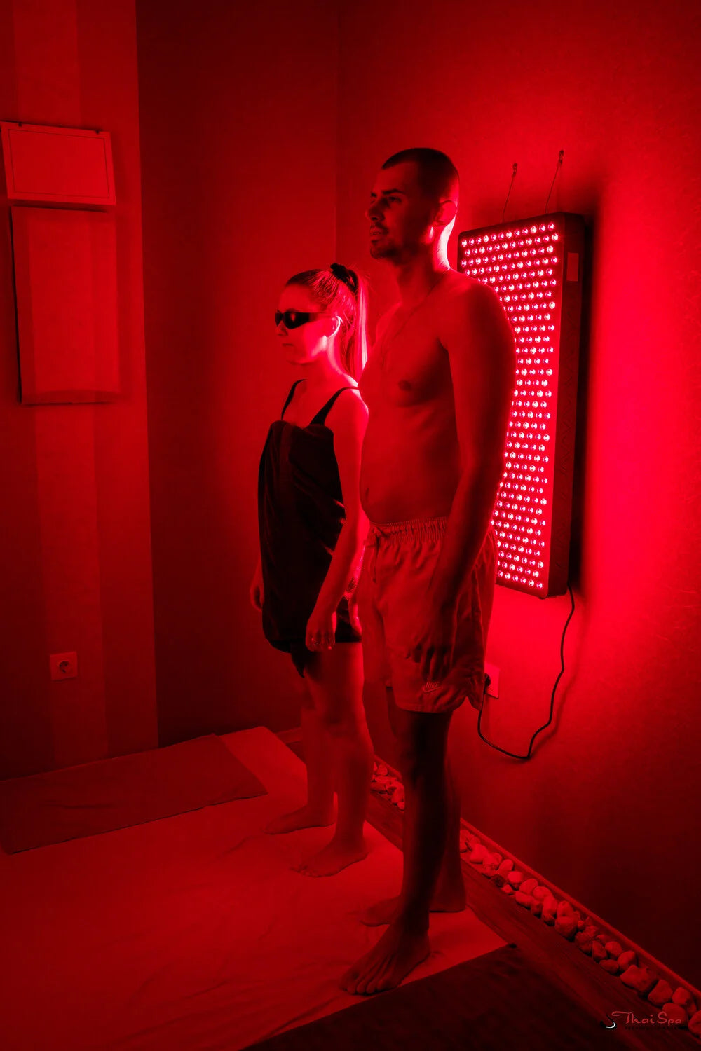 Two individuals stand in a red-lit spa room, using a red light therapy device for rejuvenation.