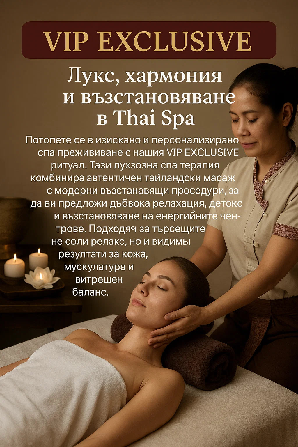 VIP EXCLUSIVE процедура с тай масаж, рефлексотерапия на стъпалата и колагенова маска за лице, предлагана с инфрачервена сауна и сервиране на традиционен тайландски чай